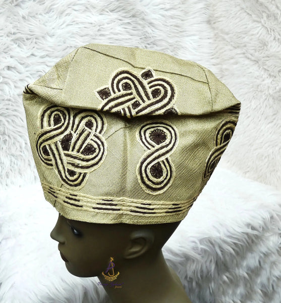 Champagne Gold with Chocolate Yoruba Fila Hat Royal Designs