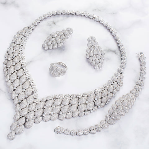 Bold Elegant Silver Cubic Zirconia American Diamond Necklace Bridal Celebrate Jewelry Set