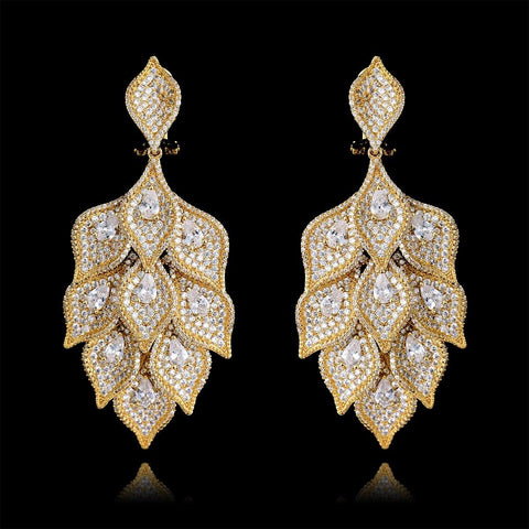 Leafy Gold Cubid Zirconia Cocktail Party Celebrant Bridal Earring Jewellery Great as Gift UK Rapid Dispatch - PrestigeApplause Jewels 