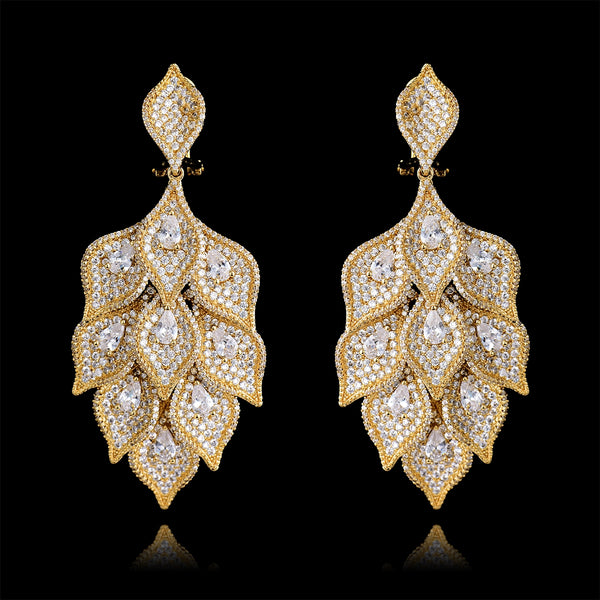 Leafy Gold Cubid Zirconia Cocktail Party Celebrant Bridal Earring Jewellery Great as Gift UK Rapid Dispatch