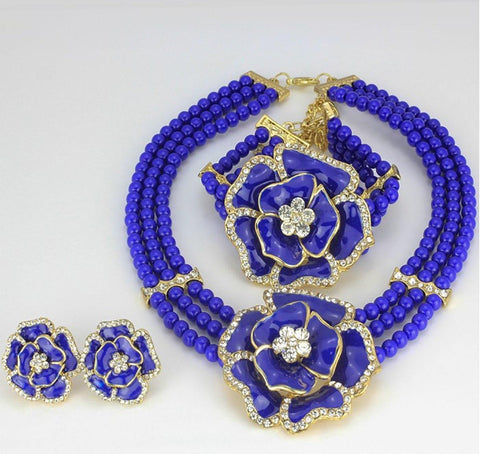 3 Layer Deep Blue Beads Jewellery Set with Brooch Pendant Necklace Earring Bracelet & Ring Beautiful Design - PrestigeApplause Jewels 