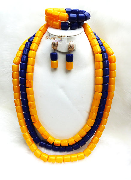 Yellow & Purple Nigerian Ethnic Arcylic Coral wedding White Necklace Jewellery Set