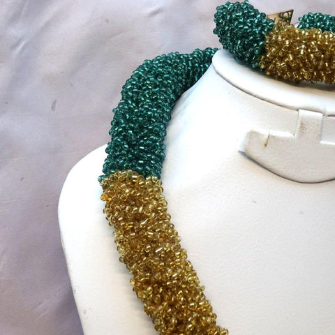 2 Tones Green Gold Party African Nigerian Beads Necklace Jewellery Set