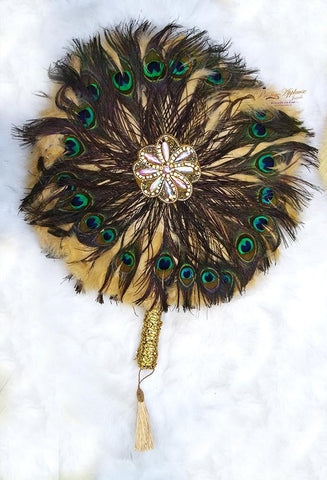 Peacock Mix Round Shaped Feather Traditional African Wedding Hand Fan Nigerian Bridal Handfan - PrestigeApplause Jewels 