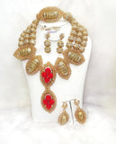 Elegant Standing out Gold infused with Red Beautiful 3 layers Handmade Nigerian Beads Jewellery Celebrant Bridal Set - PrestigeApplause Jewels 