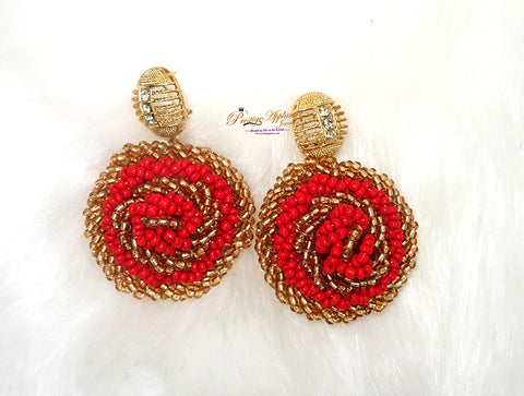 Statement Designed African Nigerian Gold Mixed with Red Beads Jewellery Set Seeds Beads