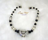 Cream White with Black Crystal Pendant Cocktail Pearl Necklace Bracelet Jewellery - PrestigeApplause Jewels 