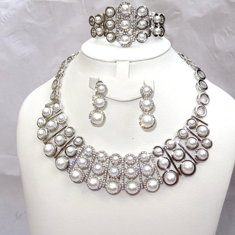 Gold silver Plated Pearl Necklace Bridal Party Wedding Jewellery Set