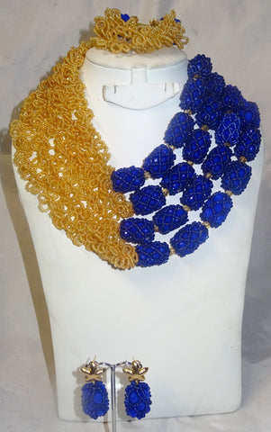 Latest Design Gold and Royal Blue African Nigerian Wedding Beads Design Party Jewellery Set