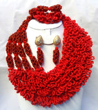 Latest Design Red 4 Layers African Nigerian Wedding Beads Design Party Jewellery Set