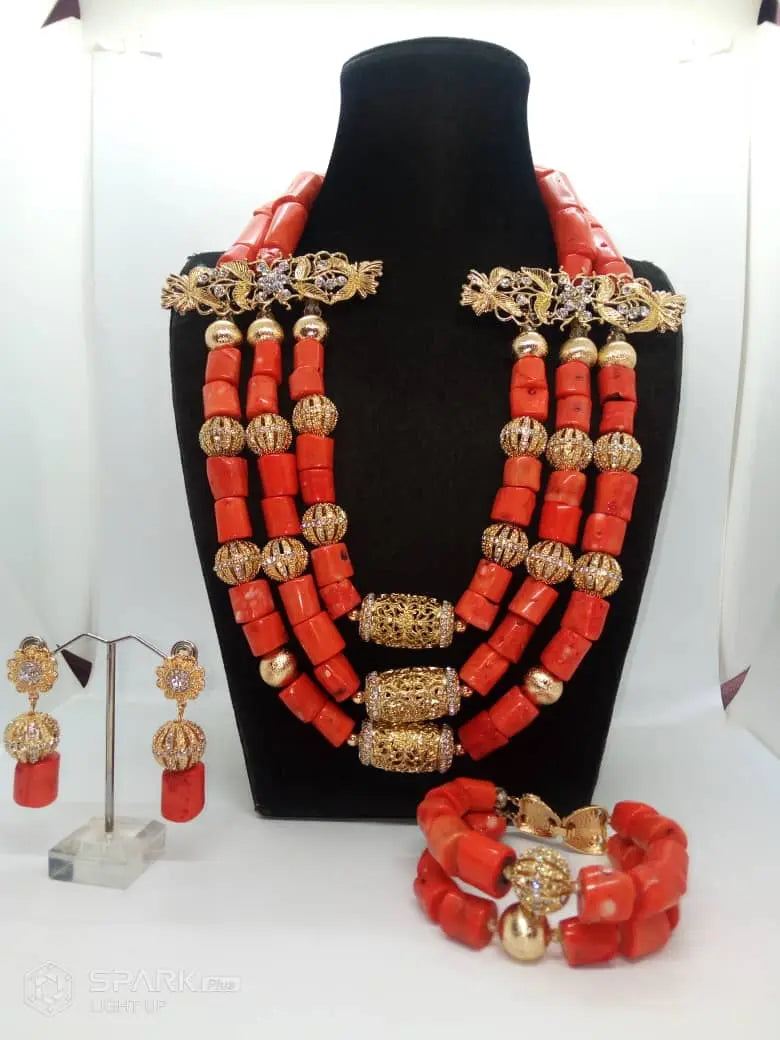 Original Celebrant Coral Beads with Brooch Necklace Earring