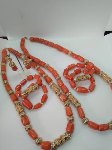 Elegant Celebrant Design Red Coral Beads embelished Gold Bridal Party Set