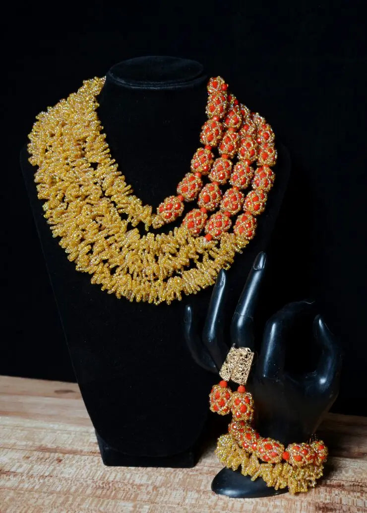 Latest Design Gold and Red African Nigerian Wedding Beads Design