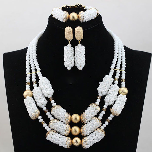 White Crystal Beads with Gold Embelishment African Beads Jewelry Set