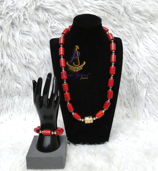 1 Layer Red Cheap Beaded Necklace Bracelet Set Gold-Tone Accessories – Traditional Men Women Unisex Set PrestigeApplause Jewels