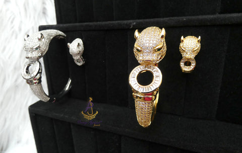 925 Silver Gold Lion Design Women’s Bangle Bracelet – Elegant Fashion Jewellery Gift Bangle Bracelet