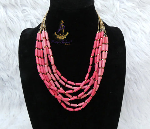 Cheap Multi-Layer Pink Coral Colour Beaded Statement Necklace with Gold Tone Chain – Bold Chunky Fashion Jewelry for Women PrestigeApplause Jewels