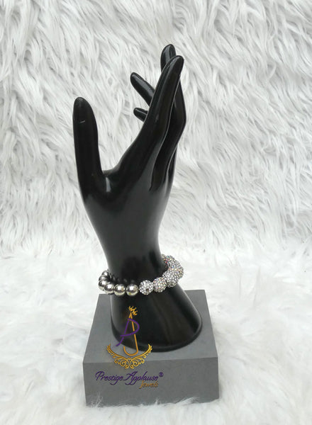Clearance Silver Tone Beaded Bracelet with Sparkling Crystal Pave Balls – Stretch Fit Fashion Accessory by Prestige Applause Jewels Bangle Bracelet
