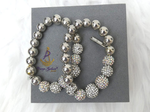 Clearance Silver Tone Beaded Bracelet with Sparkling Crystal Pave Balls – Stretch Fit Fashion Accessory by Prestige Applause Jewels Bangle Bracelet