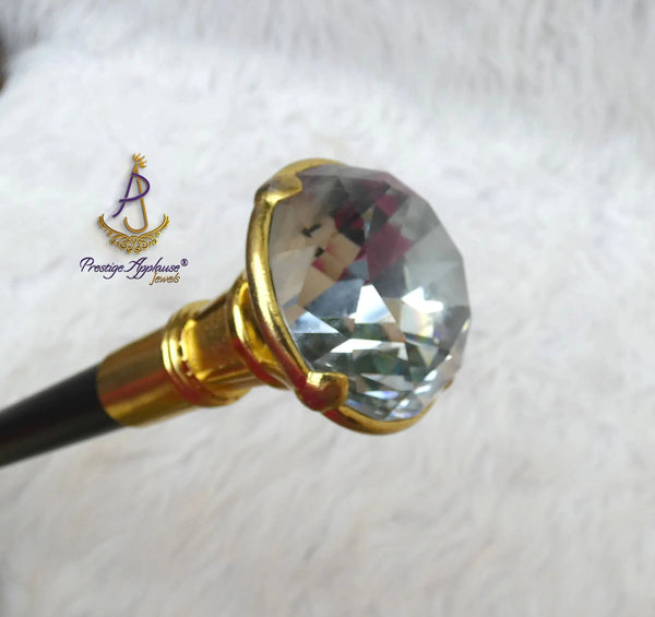 Crystal-Tip Walking Stick Cane – Elegant Gold-Tone Handle & Black Shaft Statement Accessory African Walking Staff PrestigeApplause Jewels