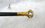 Crystal-Tip Walking Stick Cane – Elegant Gold-Tone Handle & Black Shaft Statement Accessory African Walking Staff PrestigeApplause Jewels