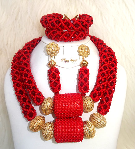 PrestigeApplause Latest 2 Layers New Design Bold Elegant Red with Gold Wedding Bridal African Nigerian Beads Jewellery Set