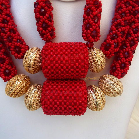 PrestigeApplause Latest 2 Layers New Design Bold Elegant Red with Gold Wedding Bridal African Nigerian Beads Jewellery Set