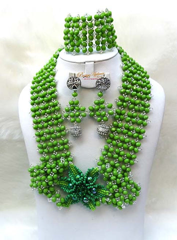 PrestigeApplause Green & Silver Signature Design African Beads Necklace Jewellery Set