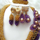 PrestigeApplause 3 Layers Customised Purple & Gold African Beads Bridal Wedding Party Jewelry Set UK