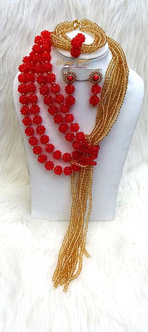 Clearance Sales Red Balls & Gold Crystal Elongated Bridal Party Jewellery Set