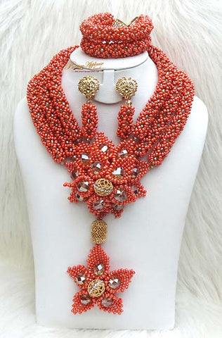 PrestigeApplause Unique Elongated Orange Design Bridal Wedding Beads Bridal Party Jewellery Set