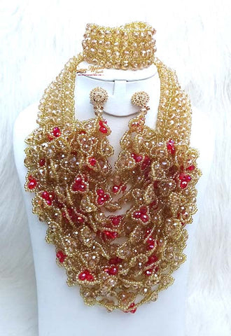 PrestigeApplause Gold & Red Full Crystal Party Wedding Bridal Necklace Jewellery Set