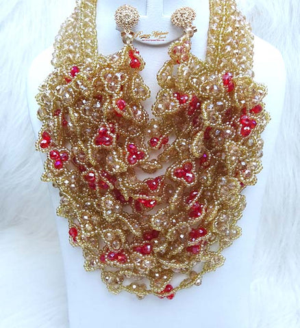 PrestigeApplause Gold & Red Full Crystal Party Wedding Bridal Necklace Jewellery Set