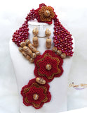 PrestigeApplause Latest Design Dark Red & Gold Elongated African Nigerian Necklace Jewellery Set PrestigeApplause