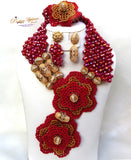 PrestigeApplause Latest Design Dark Red & Gold Elongated African Nigerian Necklace Jewellery Set PrestigeApplause