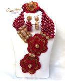 PrestigeApplause Latest Design Dark Red & Gold Elongated African Nigerian Necklace Jewellery Set PrestigeApplause