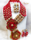 PrestigeApplause Latest Design Dark Red & Gold Elongated African Nigerian Necklace Jewellery Set PrestigeApplause