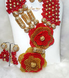 PrestigeApplause Latest Design Dark Red & Gold Elongated African Nigerian Necklace Jewellery Set PrestigeApplause