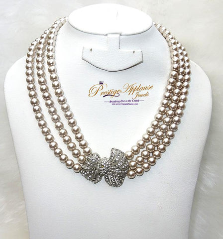 Quality Pearls 3 Layers Beautiful Luscious Bridal Wedding Crystal Party Necklace Jewellery UK - PrestigeApplause Jewels 