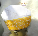 White Gold Chocolate with Blue Aso oke Groom Celebrant Men Fila Cap