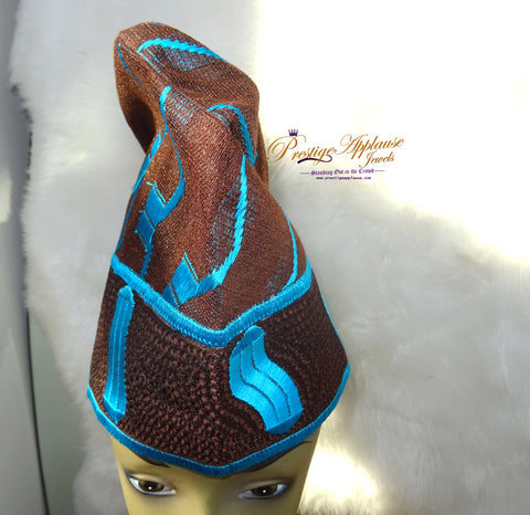 White Gold Chocolate with Blue Aso oke Groom Celebrant Men Fila Cap