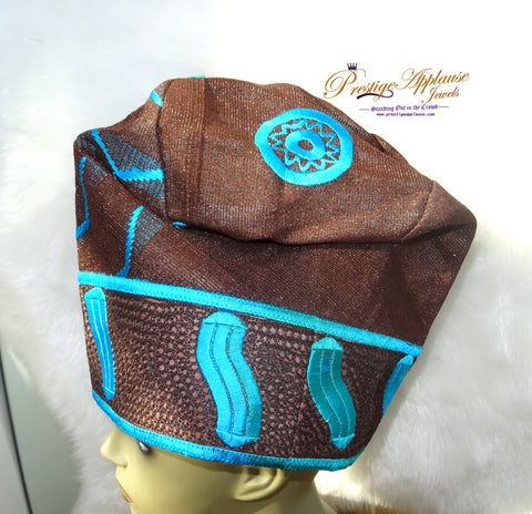 White Gold Chocolate with Blue Aso oke Groom Celebrant Men Fila Cap