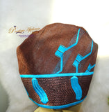 White Gold Chocolate with Blue Aso oke Groom Celebrant Men Fila Cap