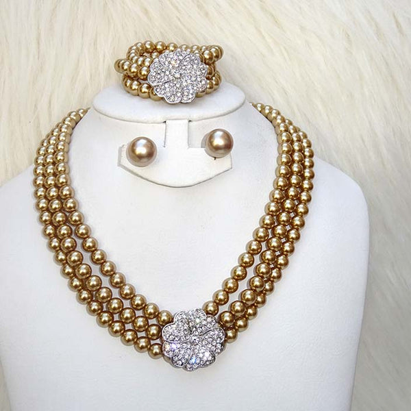 Golden Beautiful Luscious Quality Pearls Necklace Bracelet Earring Jewellery Set UK Dispatch