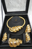 Elegant Dubai Gold-Plated Statement Necklace Set with Sculptural Coil Design – Matching Bracelet, Ring & Earrings