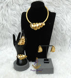 Elegant Dubai Gold-Plated Statement Necklace Set with Sculptural Coil Design – Matching Bracelet, Ring & Earrings