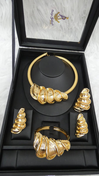 Elegant Dubai Gold-Plated Statement Necklace Set with Sculptural Coil Design – Matching Bracelet, Ring & Earrings Gold Plated