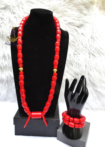 Red Igbo Elephant Tusk Red Coral with Lion Gold Accessories Groom men African Beads Necklace Bracelet Jewellery Wedding Set - For Male