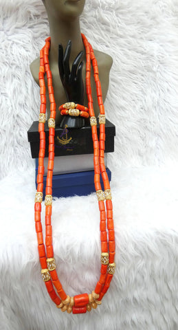 Extra Long Coral Traditional Men Beads 2 Layers Gold Embellished Necklace Bracelet Jewellery Set Coral Beads