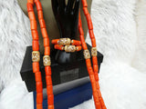 Extra Long Coral Traditional Men Beads 2 Layers Gold Embellished Necklace Bracelet Jewellery Set Coral Beads